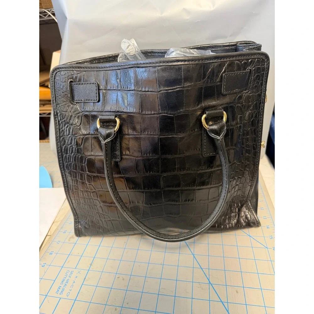Michael Kors Hamilton Black Mixed Media Calf Hair Croc Embossed Leather Tote Bag